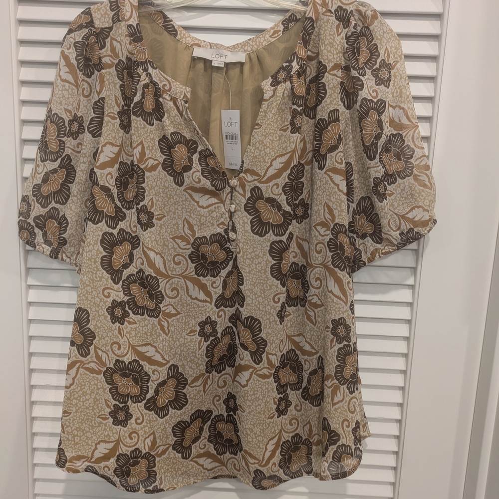 LOFT Cream and Brown Flutter Sleeve Blouse New With Tag Original Price $65